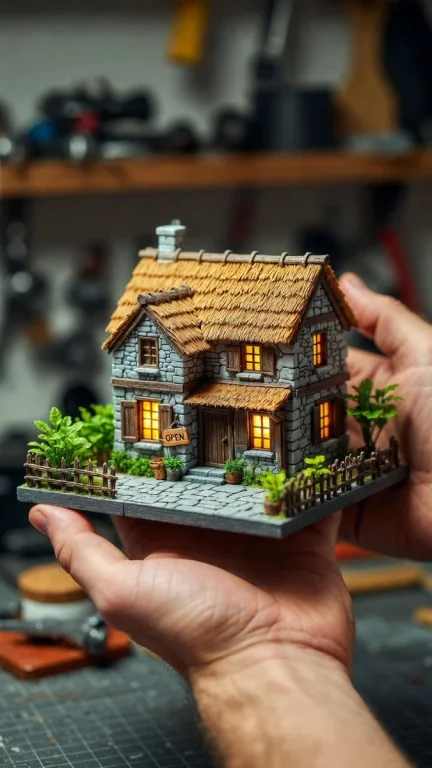 Intricate Craftsmanship: Hands Shaping a Stone Cottage Miniature