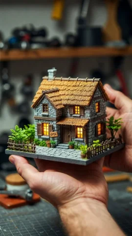 Intricate Craftsmanship: Hands Shaping a Stone Cottage Miniature — Nano Banana 2 AI Prompt: Prompt 1 A photorealistic macro shot of a craftsman's hands holding a detailed...