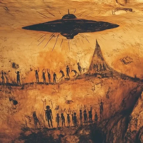 Cave Painting Hovering Spaceship — Midjourney v6 AI Prompt: imagine a photograph of a cave painting depicting a space ship hovering over peo...