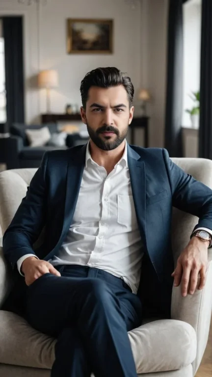 Portrait Of A Confident Man Sitting On A Beige Armchair In An Ele