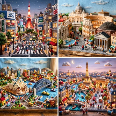 Intricate Urban Landscapes Woven from Yarn — Nano Banana 2 AI Prompt: Simply replace [CITY]:✨ “Vertical composition, 1080x1080. A miniature [CITY] m...