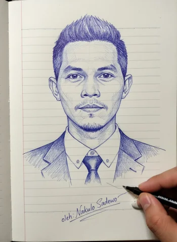 Buat Gambar Garis/Sketsa Tinta Bergaya Foto Dari Wajah Yang Ident — Nano Banana Pro AI Prompt: Buat gambar garis/sketsa tinta bergaya foto dari wajah yang identik dengan gamba...