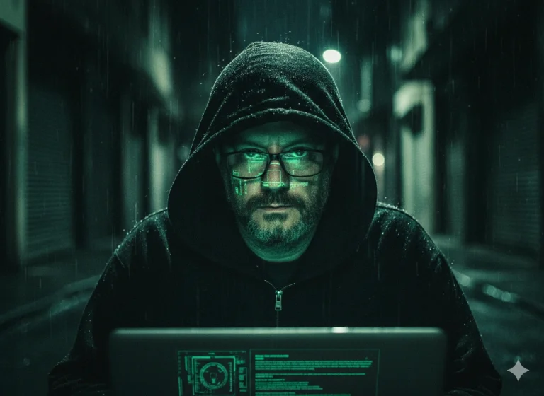 A Portrait Using My Face, Depicted As A Hacker In A Dark, Rainy U