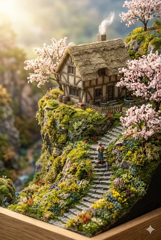 Tranquil Tudor Cottage on Mossy Cliff at Dawn