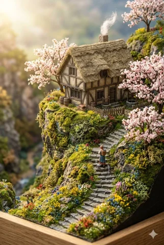 Tranquil Tudor Cottage on Mossy Cliff at Dawn — Nano Banana 2 AI Prompt: Hyper-realistic macro photograph of a highly detailed miniature diorama featurin...