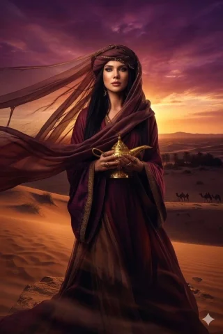 Desert Majesty: Woman with Golden Lamp at Sunset — Nano Banana 2 AI Prompt: A highly stylized, hyper-realistic cinematic fantasy portrait featuring a majest...