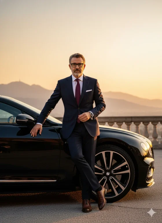 “Retrato Masculino Elegante Ao Pôr Do Sol Com Carro De Luxo”