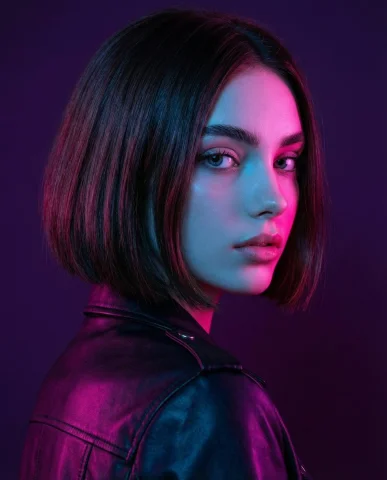 Neon Elegance: High-Fashion Portrait with Bold Pink and Blue Lighting — Nano Banana 2 AI Prompt: A portrait of a woman with a short dark bob haircut looking over her shoulder, d...