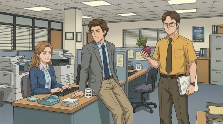 Ghibli-Style Character Turnaround Meets The Office Setting