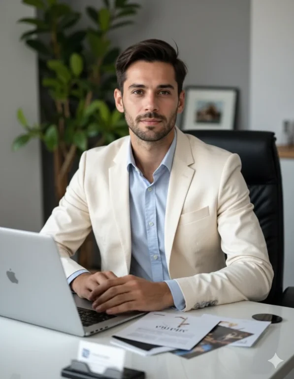 Create A Realistic Professional Portrait Of A Man Sitting At An O