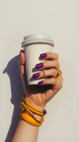 Hyperrealistic Hand with Coffee — Midjourney v6 AI Prompt: We see an eighties hand with short purple nails, holding a disposable coffee cup...