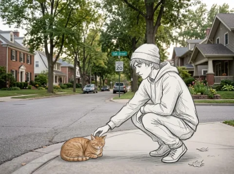 Candid Street Scene Blending Realism and Sketch Art — Nano Banana 2 AI Prompt: Create a realistic photo of a quiet residential street in soft daylight, with na...