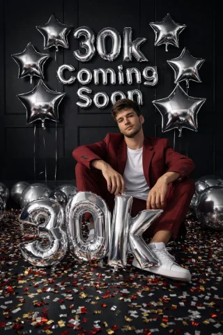 Bold Celebration: Woman in Red Suit Amid Luxe Silver Balloons — Nano Banana 2 AI Prompt: Create a bold, luxury-style celebration photoshoot. A young woman sits confident...