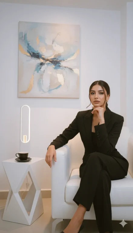 A Beautiful, Confident Woman Wearing A Black Suit Sits Elegantly