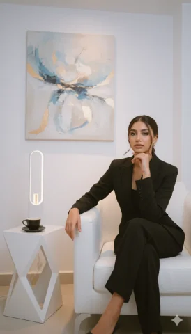 A Beautiful, Confident Woman Wearing A Black Suit Sits Elegantly — Nano Banana Pro AI Prompt: A beautiful, confident woman wearing a black suit sits elegantly on a luxurious...