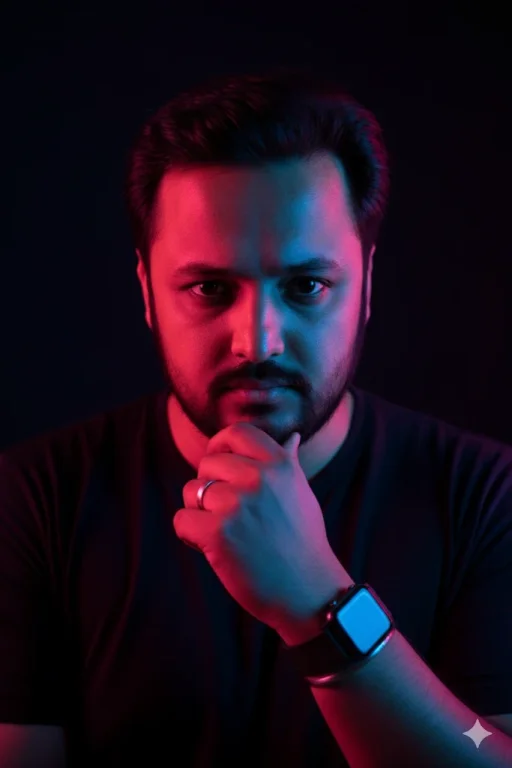 A Man With A Beard And Short Dark Hair Is Captured In A Striking