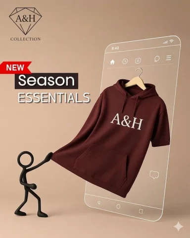 Isometric 3D Ad: A&H Season Essentials Hoodie Reveal — Nano Banana 2 AI Prompt: A professional product advertisement in a 3D isometric style on a warm, matte be...