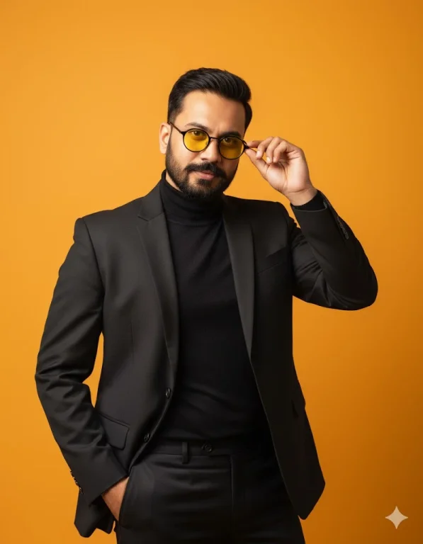 Studio Photography Of A Me In A Black Suit, Black Turtleneck And