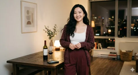 Elegant Asian Beauty in Cozy Nighttime Ambiance — Nano Banana 2 AI Prompt: 生成图片：年轻亚裔美女，冷白皮美女，黑色长卷发，穿白色吊带+酒红杂色开衫+酒红长裤...