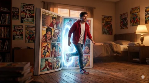 Comic Book Magic Unleashed — Nano Banana 2 AI Prompt: A hyper-realistic photograph captures a sequential moment across two side-by-sid...