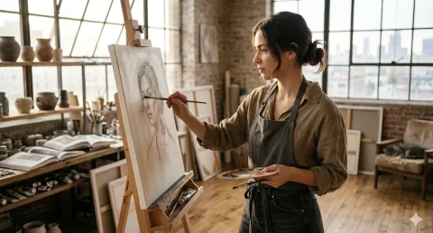 Art in Progress: A Glimpse into Creative Passion — Nano Banana 2 AI Prompt: A candid, natural light photograph captures a female artist at work in a bright,...