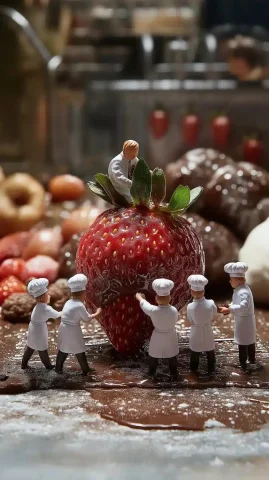 Miniature Chefs in Kitchen — Midjourney v6 AI Prompt: Imagine a bustling scene inside a massive, modern kitchen. Seven miniature chefs...