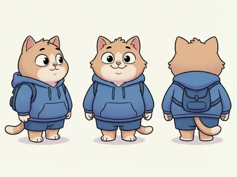 A Cute Anthropomorphic Cat In Triple View: Front-Left, Front, And — Nano Banana 2 AI Prompt: A cute anthropomorphic cat in triple view: front-left, front, and back. Standing...