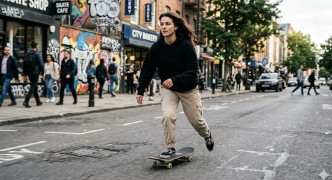 Urban Elegance on Wheels: A Skateboarder's Journey — Nano Banana 2 AI Prompt: A candid shot captures a moment of effortless style on a city street. In the cen...