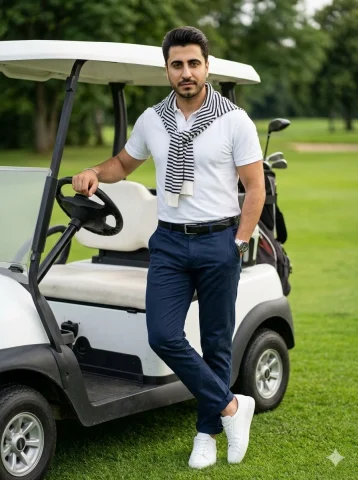 Charming Confidence on the Green — Nano Banana 2 AI Prompt: Ultra-realistic portrait photo of a confident handsome South Asian man in his la...