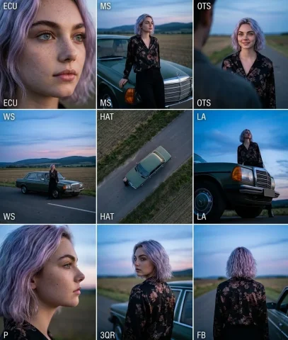 Cinematic Portraits: A Young Woman at Dusk — Nano Banana 2 AI Prompt: A cinematic 3×3 grid presenting multiple camera angles of the same female subjec...
