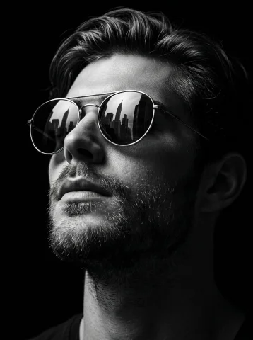 Cinematic Portrait: Man in Reflective Sunglasses — Nano Banana 2 AI Prompt: A Dramatic ultra-realistic image of a man with close-up in black and white with...