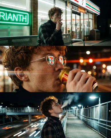 Urban Nocturne: A Cinematic Triptych — Nano Banana 2 AI Prompt: A vertical triptych of three cinematic, night-time urban photographs featuring a...