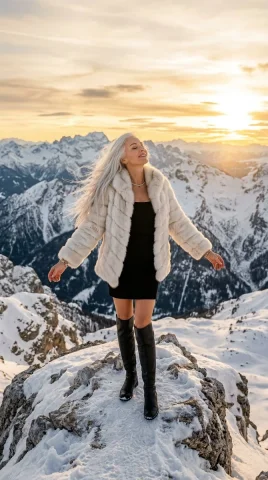 Elegance on the Edge of Winter — Nano Banana 2 AI Prompt: { "aspect_ratio": "9:16", "prompt": "A cinematic photo of a stunning wom...