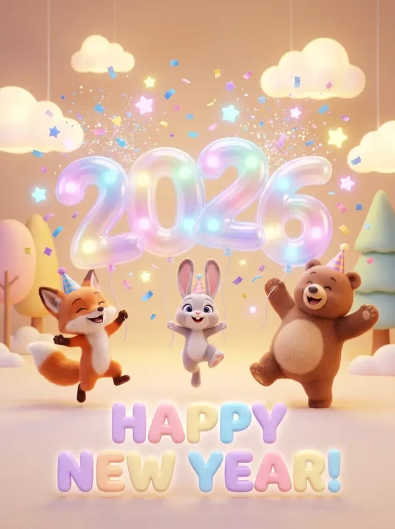 A Cheerful 3D Rendered New Year Greeting Card. A Group Of Adorabl