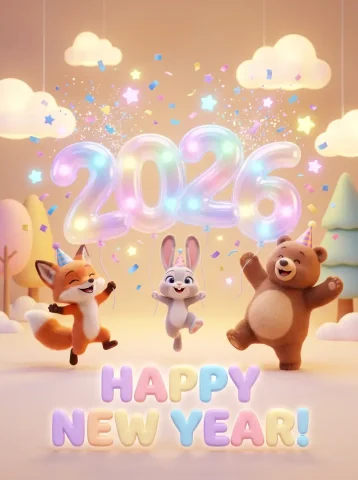A Cheerful 3D Rendered New Year Greeting Card. A Group Of Adorabl — Nano Banana Pro AI Prompt: A cheerful 3D rendered New Year greeting card. A group of adorable, fluffy anima...