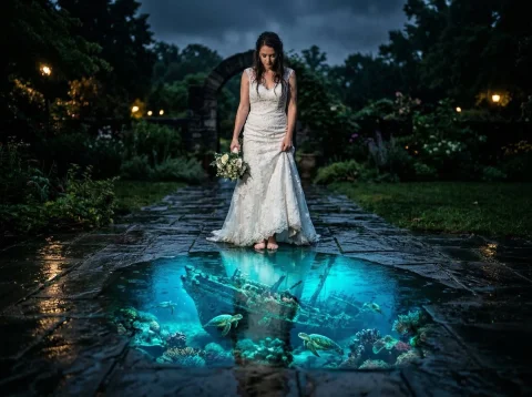 Surreal Reflections: A Nighttime Encounter — Nano Banana 2 AI Prompt: [SUBJECT] standing on wet [GROUND SURFACE] at night, low angle shot from near gr...