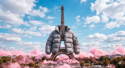 A Whimsical Twist on the Eiffel Tower — Nano Banana 2 AI Prompt: The iconic Eiffel Tower, which is depicted wearing a large, puffy gray jacket. T...