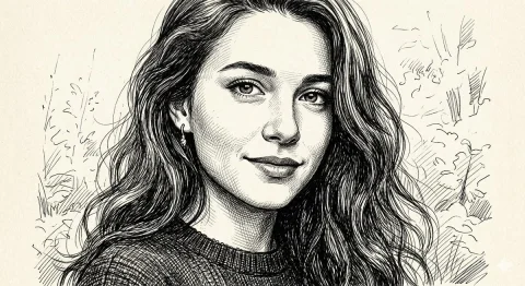 Intricate Ink Portrait of Serenity — Nano Banana 2 AI Prompt: A high-contrast, closeup pen and ink portrait of a young woman with wavy, volumi...
