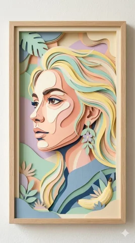 Pastel Paper-Cut Portrait with Botanical Touch — Nano Banana 2 AI Prompt: ​Vertical portrait of a woman rendered as layered paper-cut artwork. The subject...