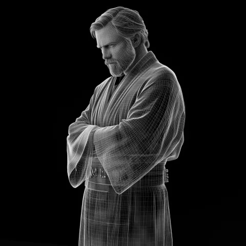 3D Obi-Wan Kenobi Hologram — Midjourney v6 AI Prompt: Basic 3D ewan mcgregor obi wan Kenobi in cloak standing with crossed arms infron...