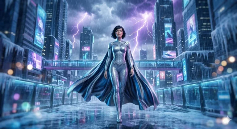 Silver-Clad Superheroine Amid Futuristic Storm