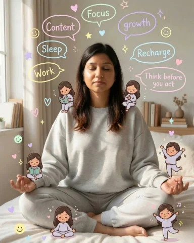 Pastel Self-Care Haven — Nano Banana 2 AI Prompt: A calm young woman with the uploaded woman’s face, sitting cross-legged on a bed...