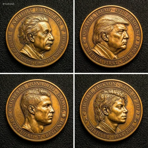 A Detailed Metallic Coin Featuring Character’s Face Embossed In — Nano Banana Pro AI Prompt: A detailed metallic coin featuring [CHARACTER]’s face embossed in profile, craft...