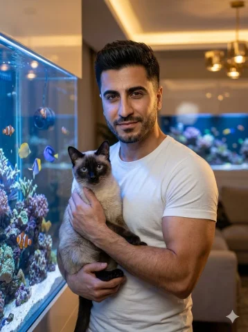 Cinematic Portrait with Siamese Cat and Living Wall Aquarium — Nano Banana 2 AI Prompt: A handsome, stylish Pakistani man in his late 20s to early 30s, sharp facial fea...