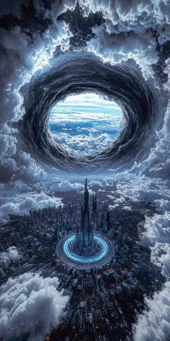 A Massive Spiral Vortex Tears Through Storm Clouds Above A Futuri — Nano Banana Pro AI Prompt: A massive spiral vortex tears through storm clouds above a futuristic illuminate...