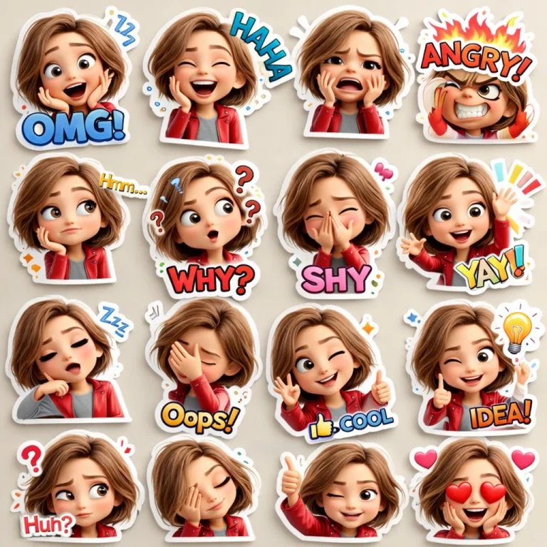 Cute 3D Cartoon Girl Sticker Pack, Pixar-Style, Short Brown Hair,