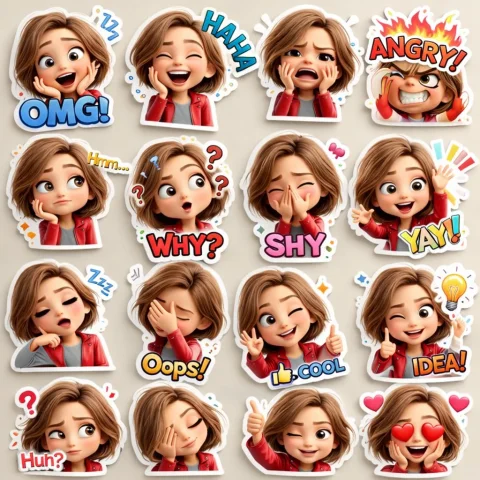 Cute 3D Cartoon Girl Sticker Pack, Pixar-Style, Short Brown Hair, — Nano Banana Pro AI Prompt: Cute 3D cartoon girl sticker pack, Pixar-style, short brown hair, big expressive...