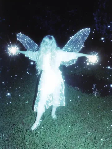 VHS Fairy with Crystals — Midjourney v6 AI Prompt: A grainy, low-quality VHS steel where a white-clad fairy plays with glowing crys...