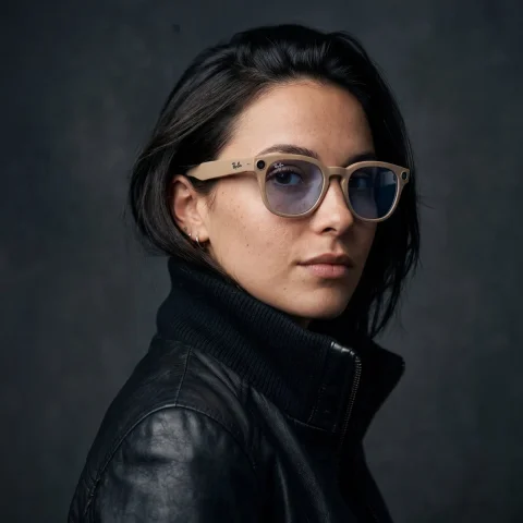 Futuristic Chic Studio Portrait — Nano Banana 2 AI Prompt: Cinematic studio portrait of a confident young woman wearing stylish beige frame...