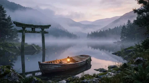 Misty Dawn Over a Tranquil Mountain Lake — Nano Banana 2 AI Prompt: A quiet mountain lake at dawn, heavy mist rolling across perfectly still water,...